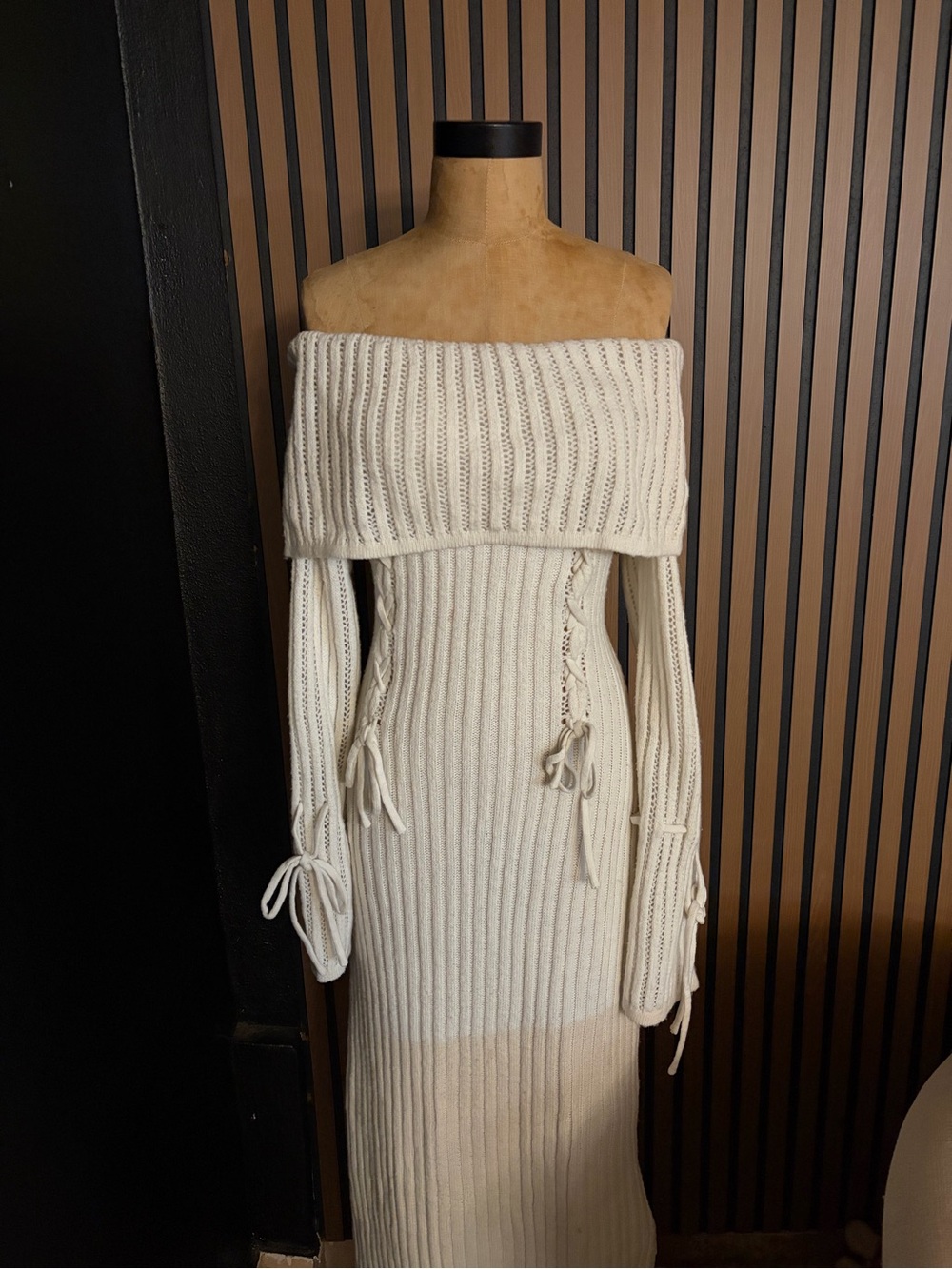 Off-Shoulder Cream Ribbed Knit Maxi Sweater Dress